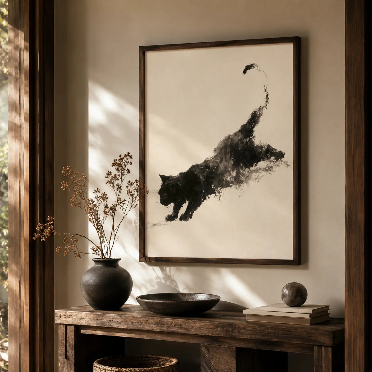 Black Cat Ink Wash Wall Art Decor - Wall Art Decor - in use