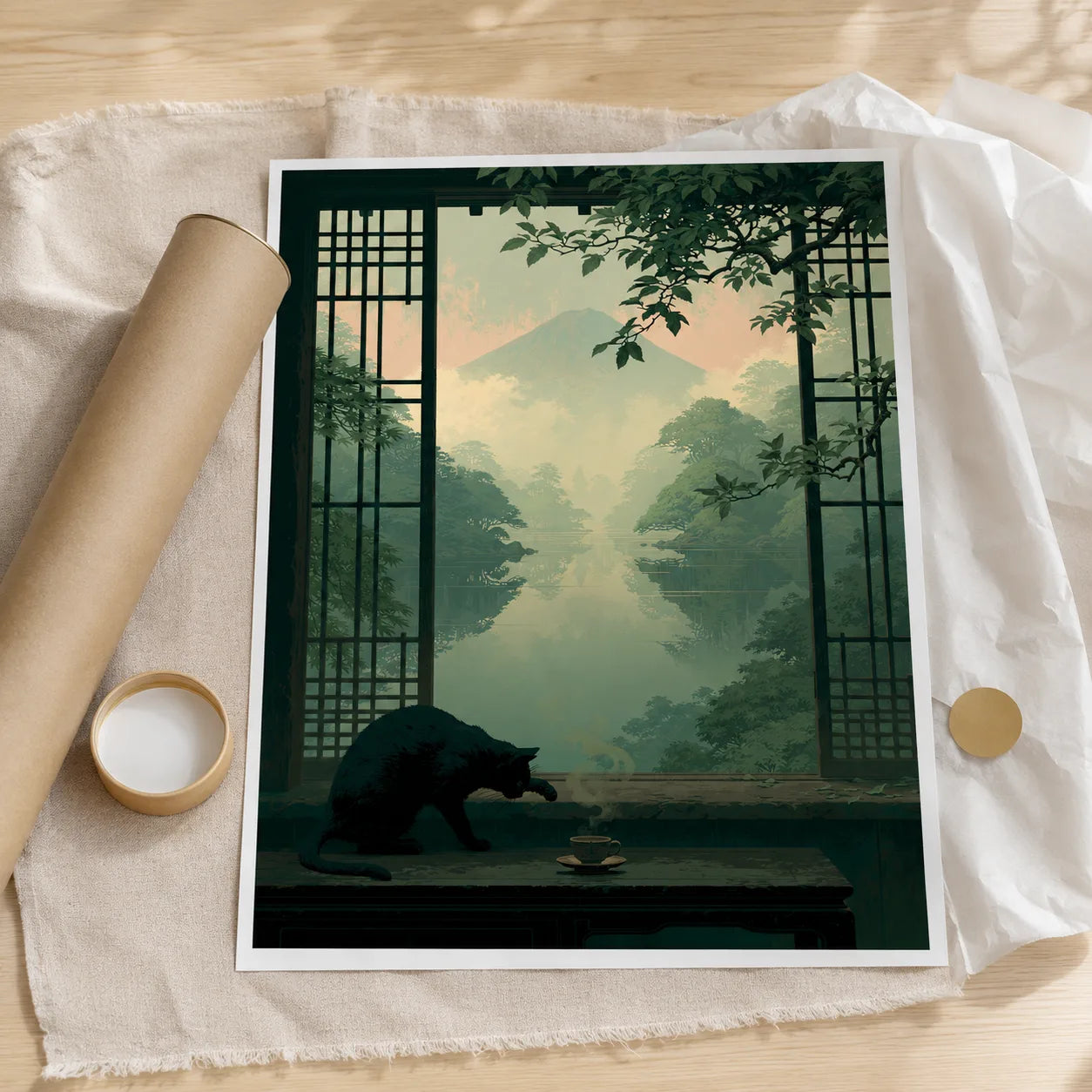 Black Cat Japanese Garden Wall Art Decor - Wall Art Decor - back view