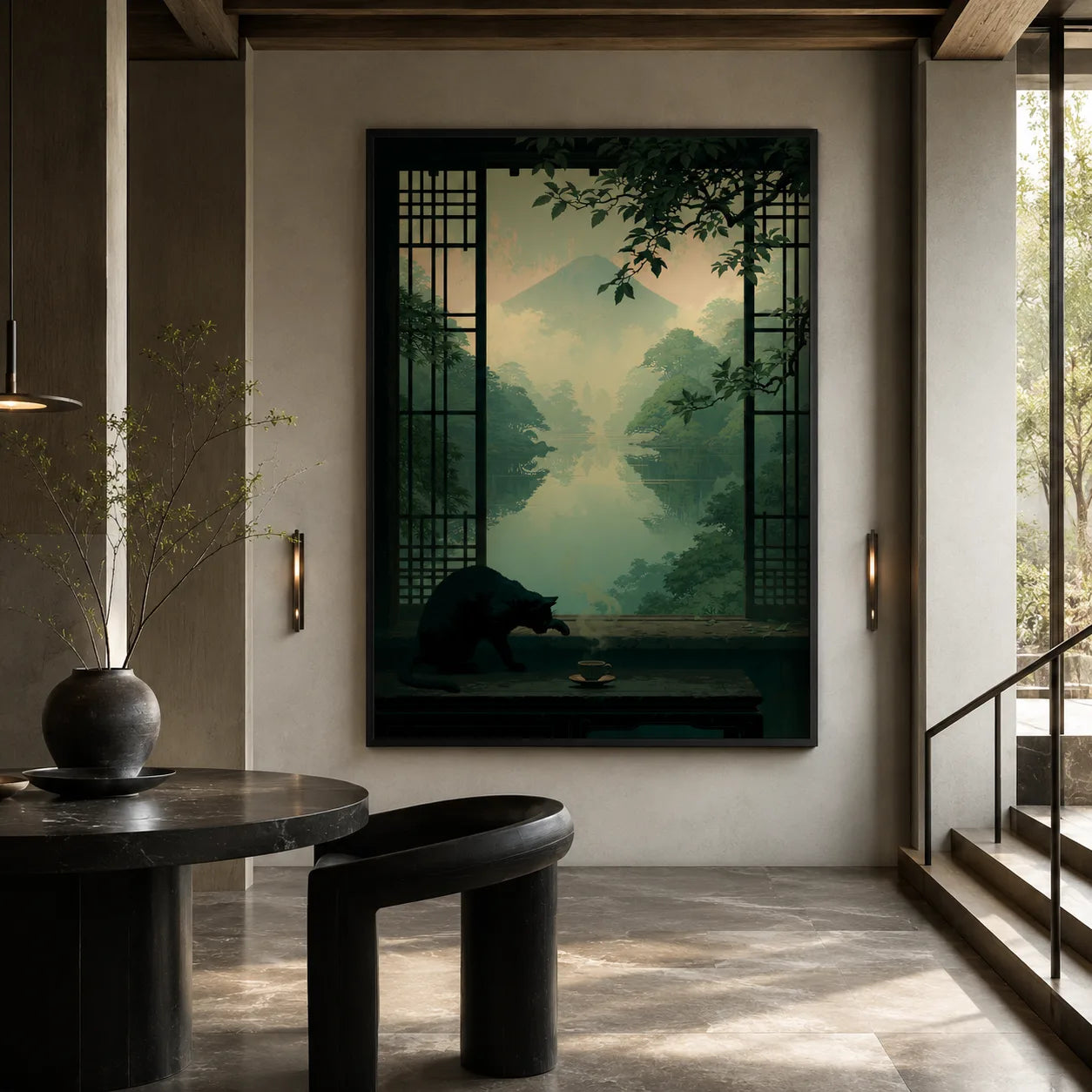 Black Cat Japanese Garden Wall Art Decor - Wall Art Decor - close up