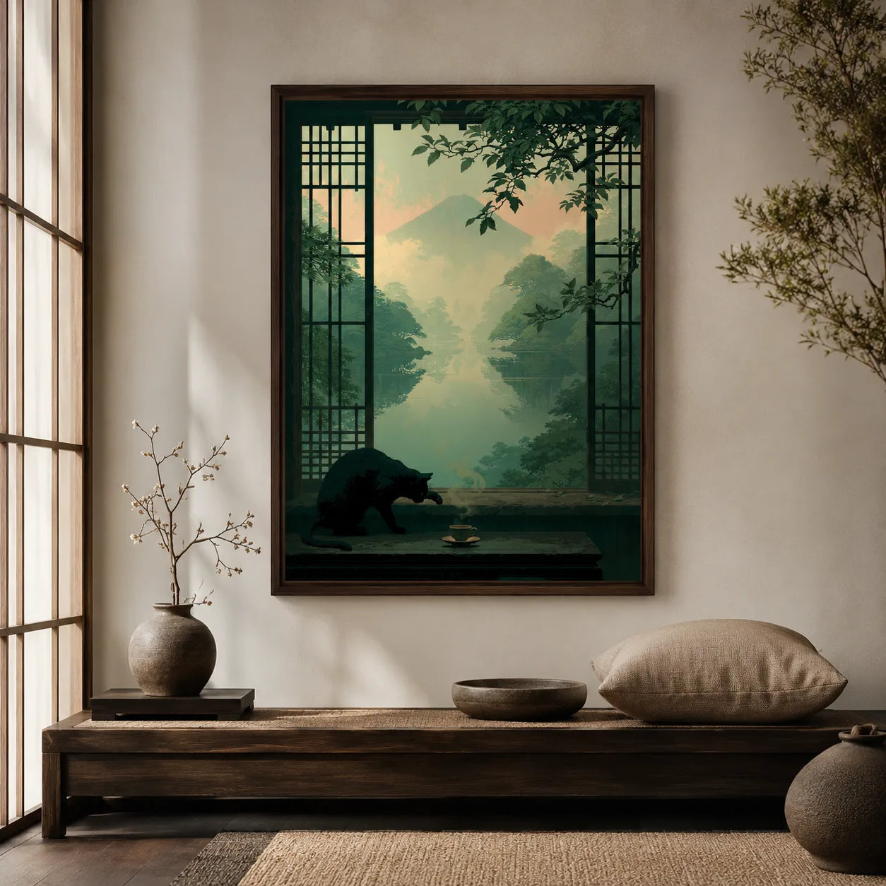 Black Cat Japanese Garden Wall Art Decor - Wall Art Decor - detail