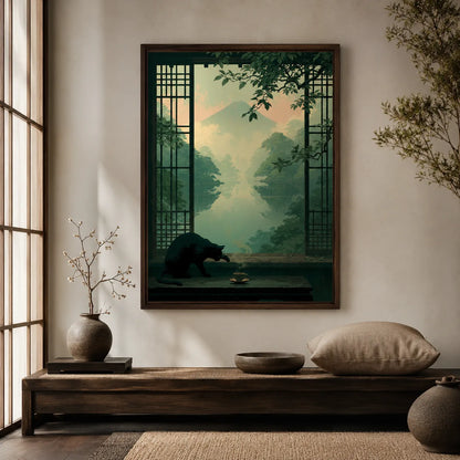 Black Cat Japanese Garden Wall Art Decor - Wall Art Decor - detail