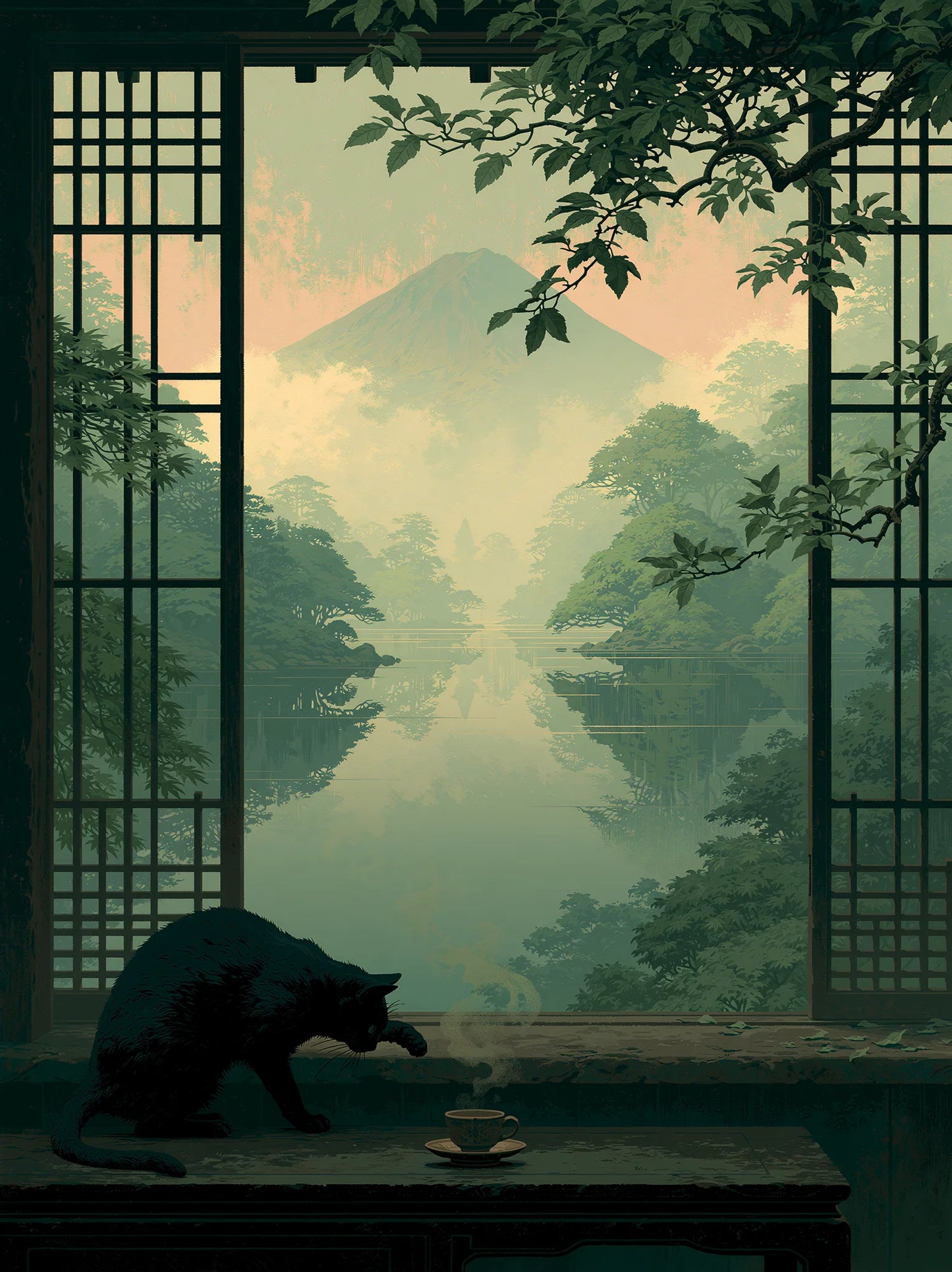 Black Cat Japanese Garden Wall Art Decor - Wall Art Decor - front view