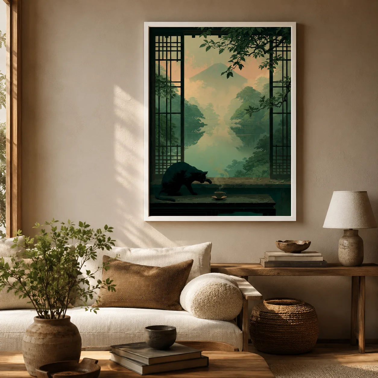 Black Cat Japanese Garden Wall Art Decor - Wall Art Decor - in use
