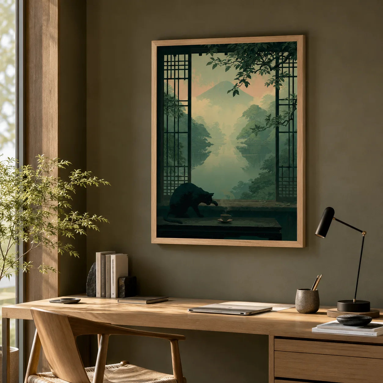 Black Cat Japanese Garden Wall Art Decor - Wall Art Decor - styled