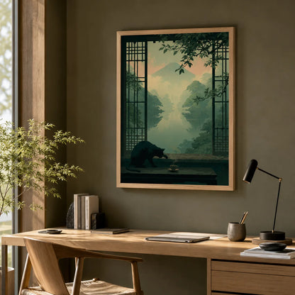 Black Cat Japanese Garden Wall Art Decor - Wall Art Decor - styled