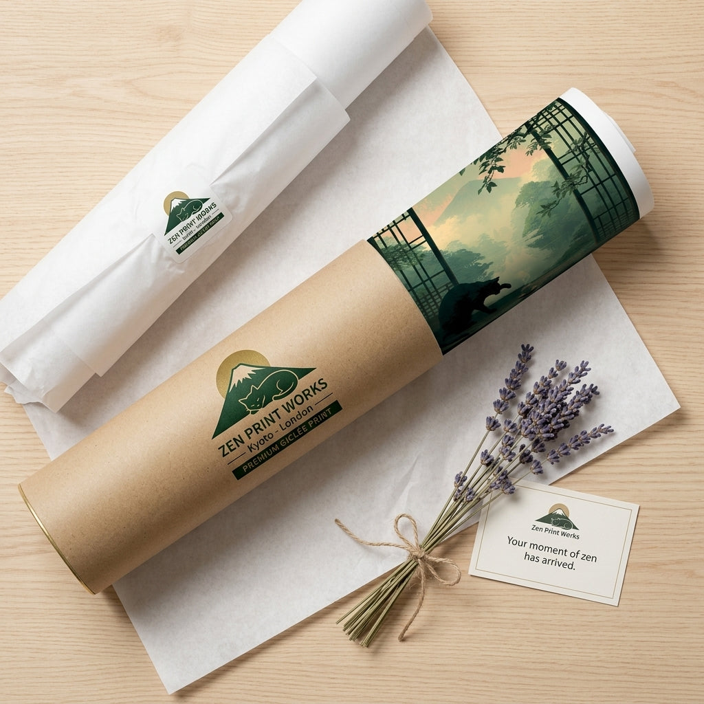 A rolled kraft paper gift tube printed with the Zen Print Works logo and a scenic forest illustration, displayed on a light wood surface with a white tissue, a second rolled tube, lavender sprigs, and a small branded card.