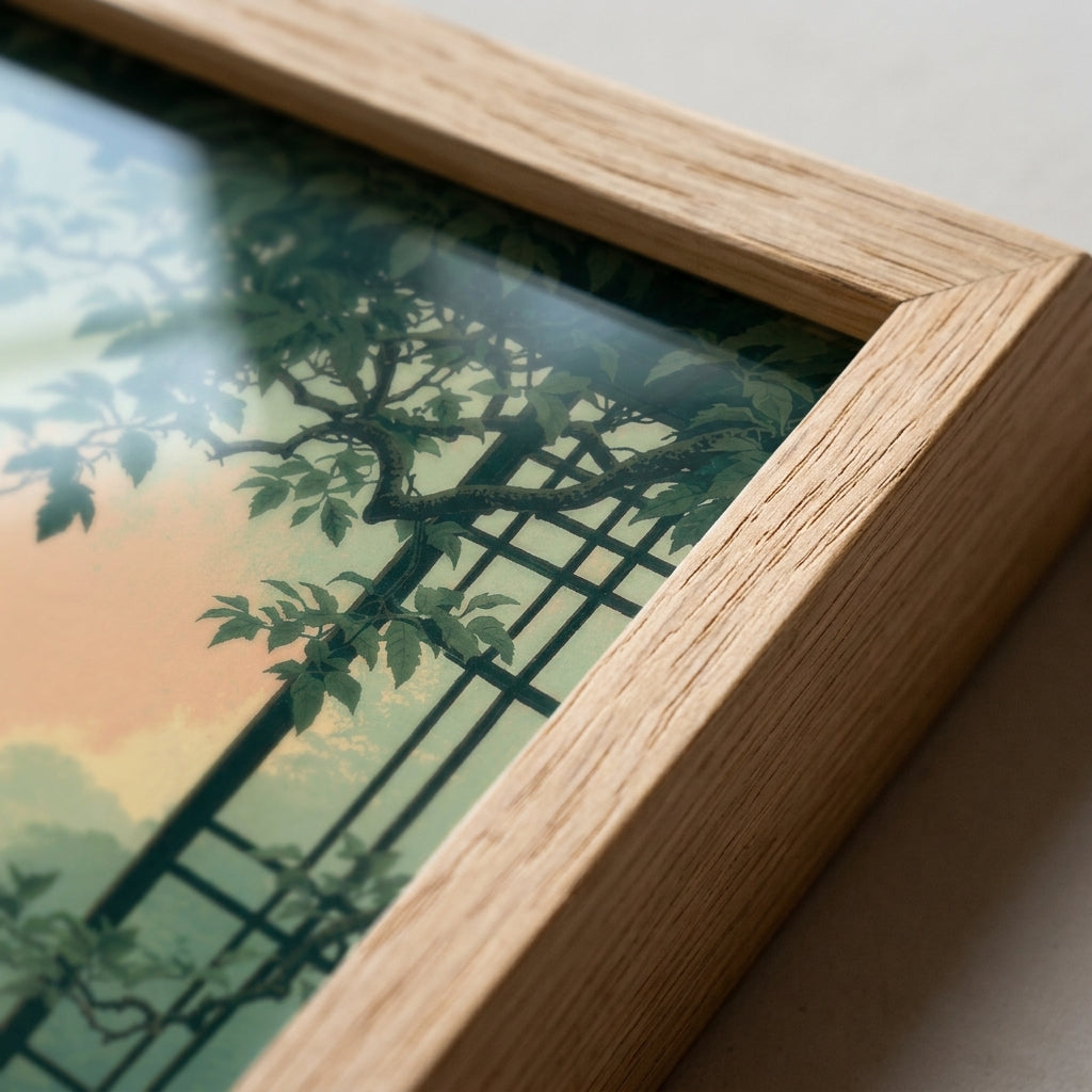 Close-up of a framed art print showing a Japanese-style illustration of green trellis and leaves against a soft peach and blue sky, with a light natural wood frame.
