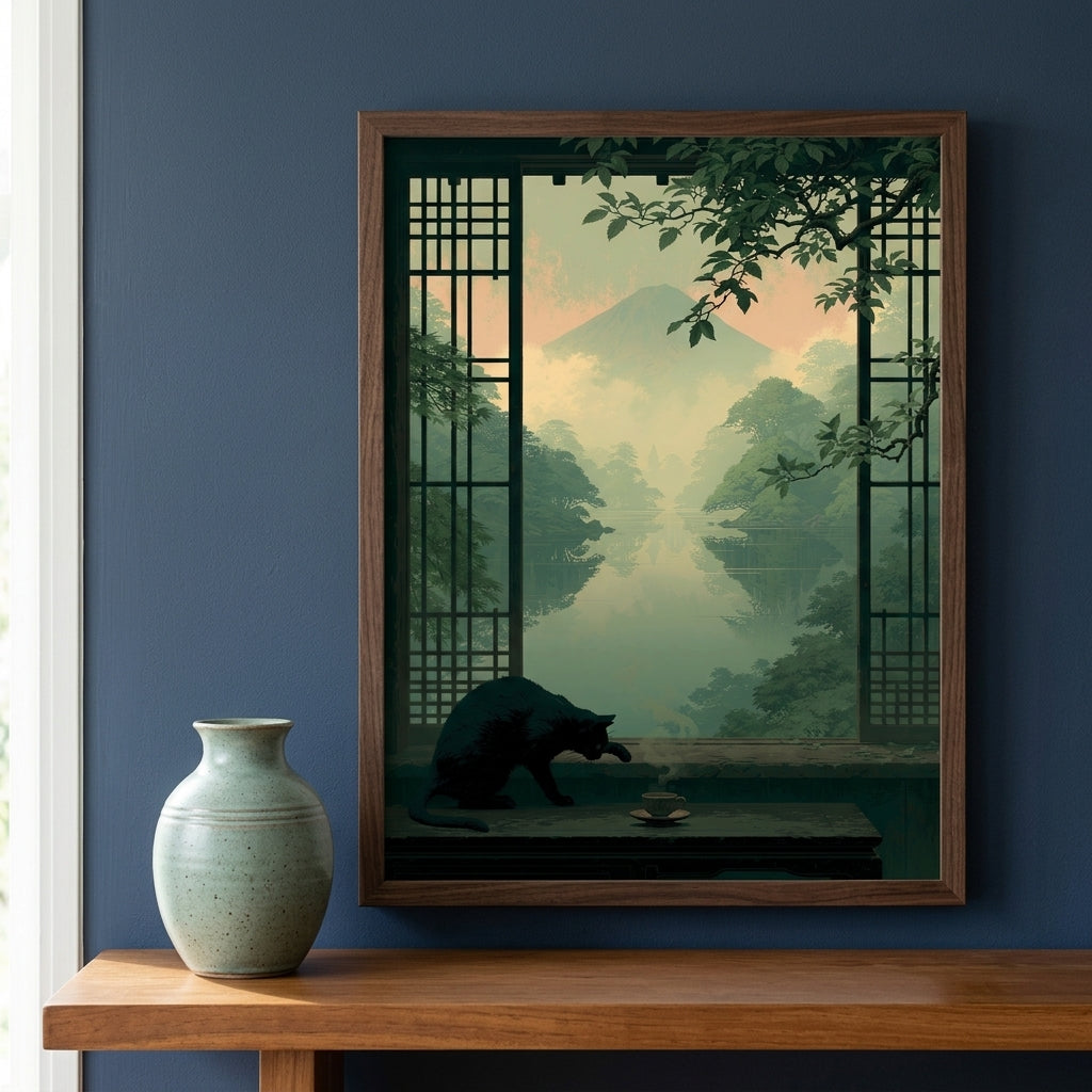 A framed art print depicting a traditional Japanese-style landscape with a black cat drinking tea, displayed on a wooden console table against a dark blue wall next to a ceramic vase.