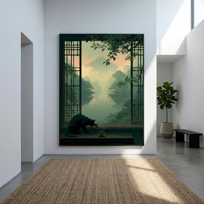 A large framed wall art print depicting a misty green landscape with a dark silhouette of a person at a table, displayed on a white wall in a modern minimalist room with a woven rug and a potted plant.