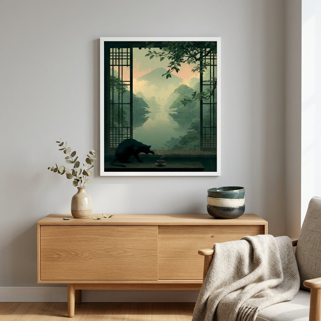 A framed art print depicting a serene forest landscape with a bear, displayed on a light gray wall above a wooden sideboard in a styled room setting.