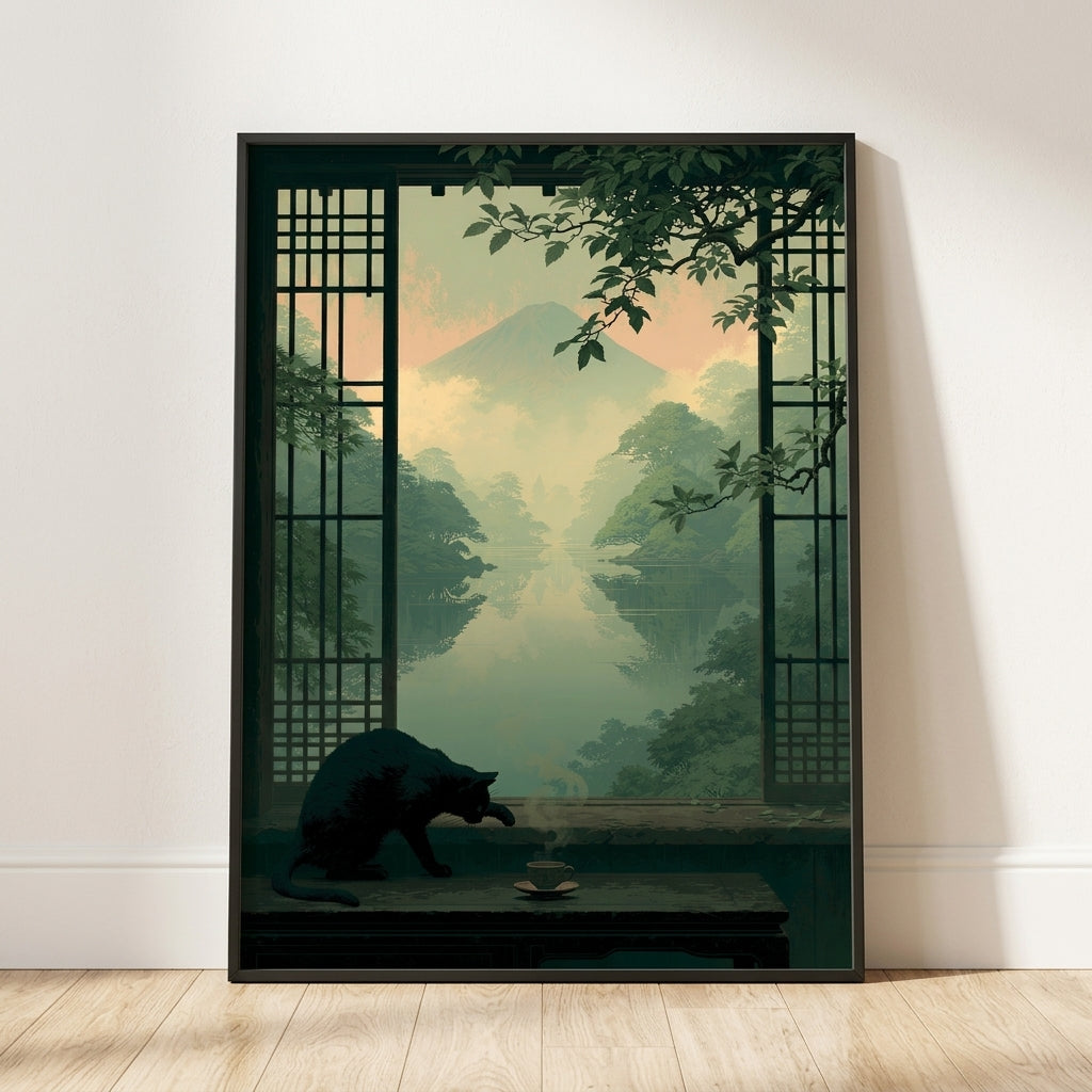 A framed art print leaning against a white wall on a light wood floor. The print depicts a serene Japanese-style landscape with a black cat sitting on a low table in the foreground, a small cup, misty mountains, trees, and a soft peach-colored sky visible through a dark window frame.