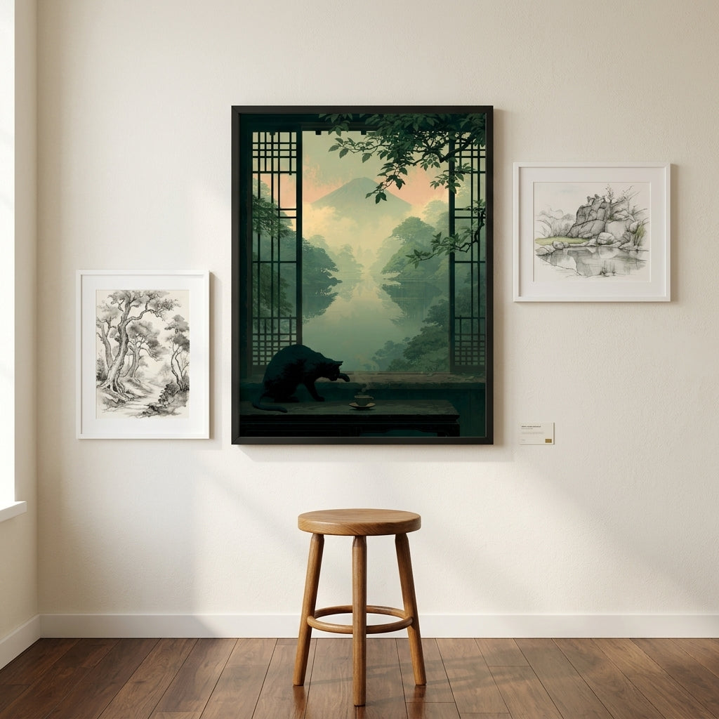 A framed wall art print hangs on a beige wall above a wooden stool, showing a dark forest landscape with a bear silhouette and green window-like framing. Two smaller framed black-and-white sketches flank it.