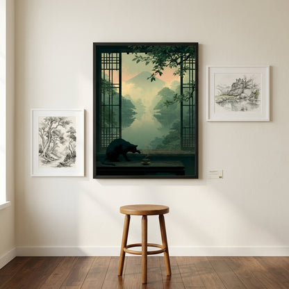 A framed wall art print hangs on a beige wall above a wooden stool, showing a dark forest landscape with a bear silhouette and green window-like framing. Two smaller framed black-and-white sketches flank it.