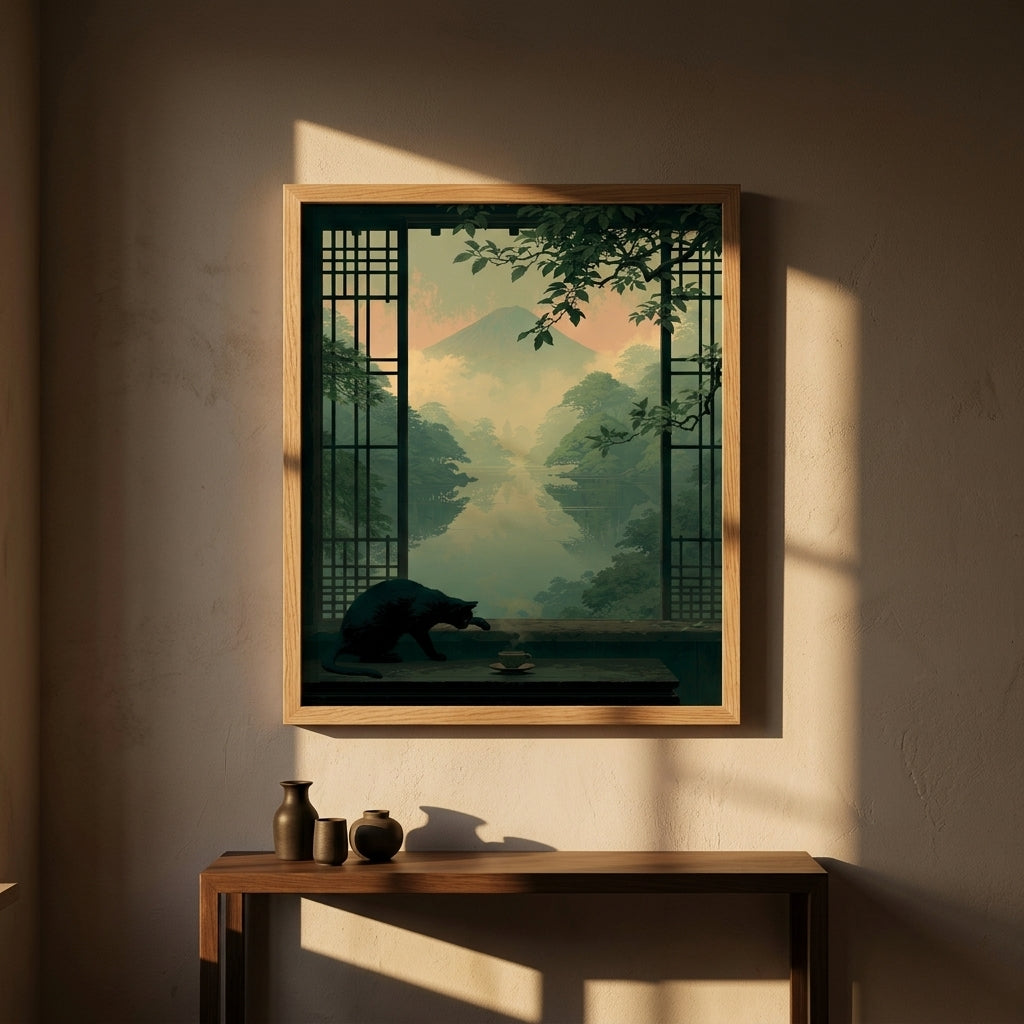 Black Cat Japanese Landscape Wall Art Decor - Wall Art Decor - front view