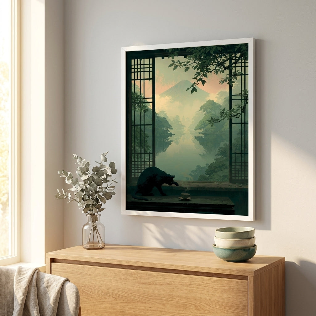 A framed art print depicting a misty mountain landscape with a bear, displayed on a light gray wall above a wooden console table with decorative items.