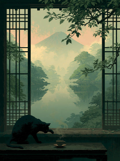 Black Cat Japanese Landscape Wall Art Decor - Wall Art Decor - front view