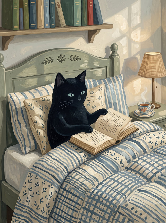 Black Cat Reading in Bed Cozy Wall Art Decor