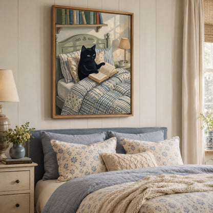 Black Cat Reading in Bed Cozy Wall Art Decor – preview 10