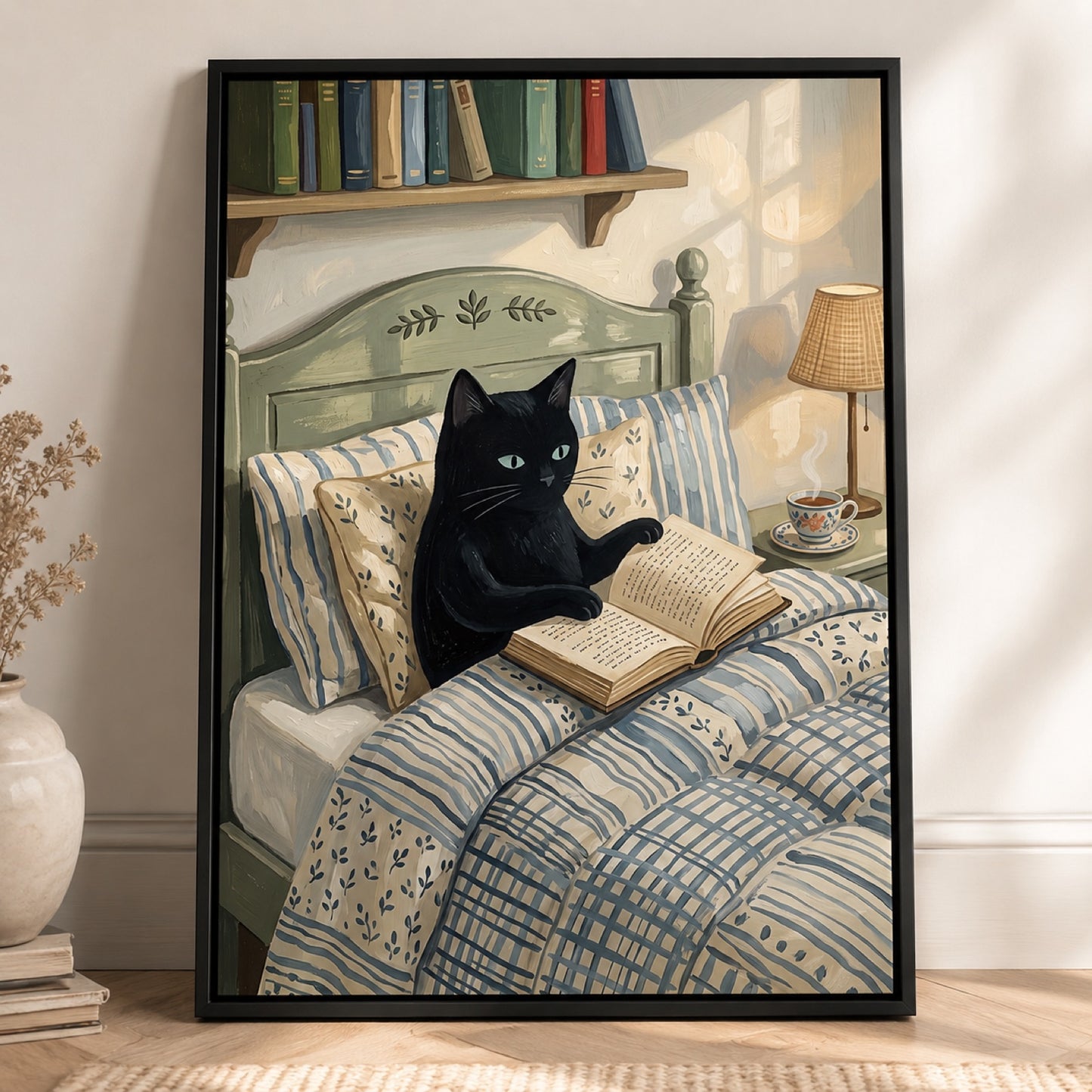Black Cat Reading in Bed Cozy Wall Art Decor – preview 11