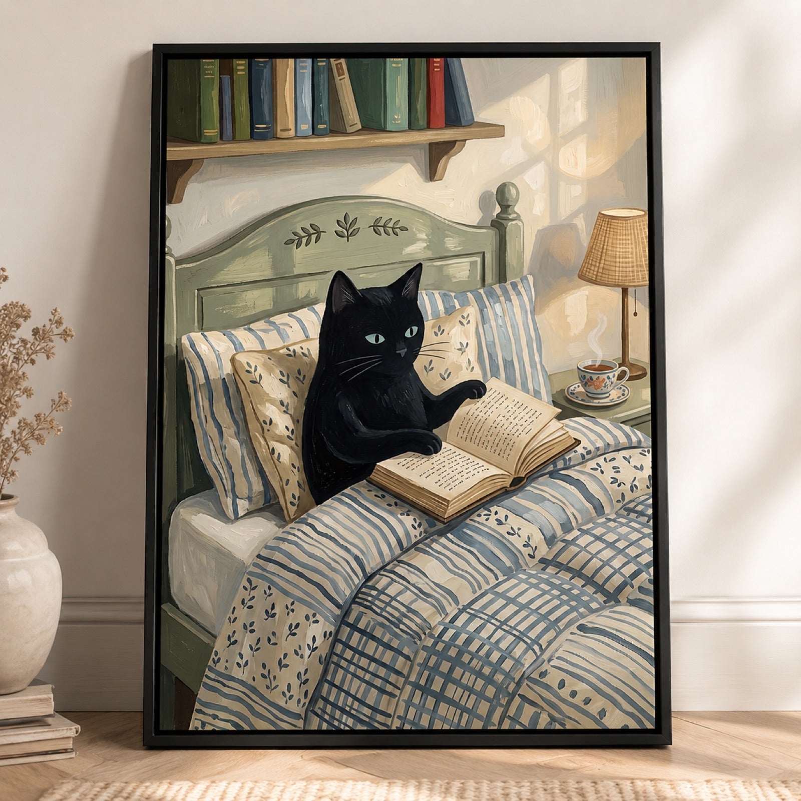 Black Cat Reading in Bed Cozy Wall Art Decor – preview 11