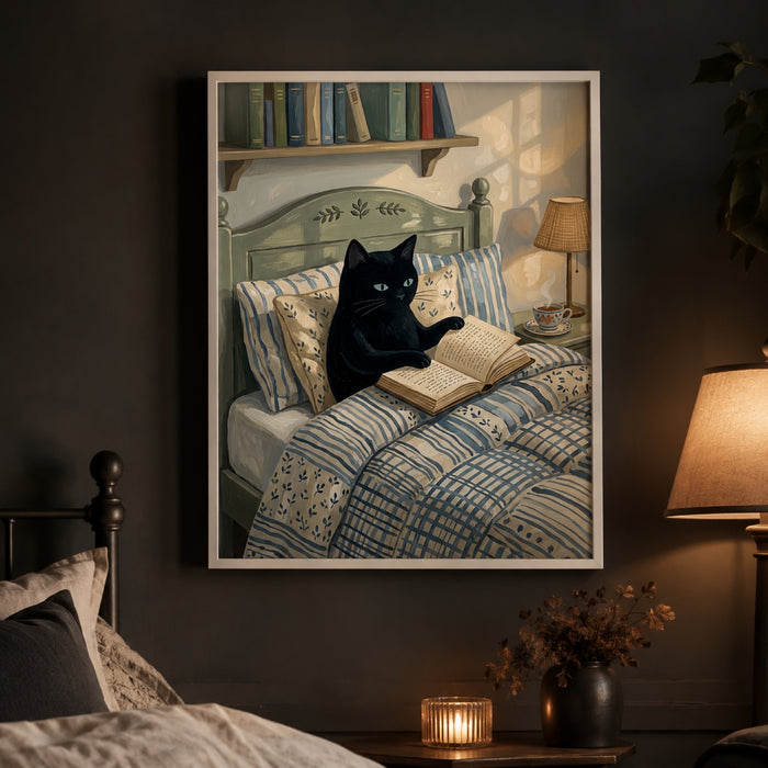 Black Cat Reading in Bed Cozy Wall Art Decor