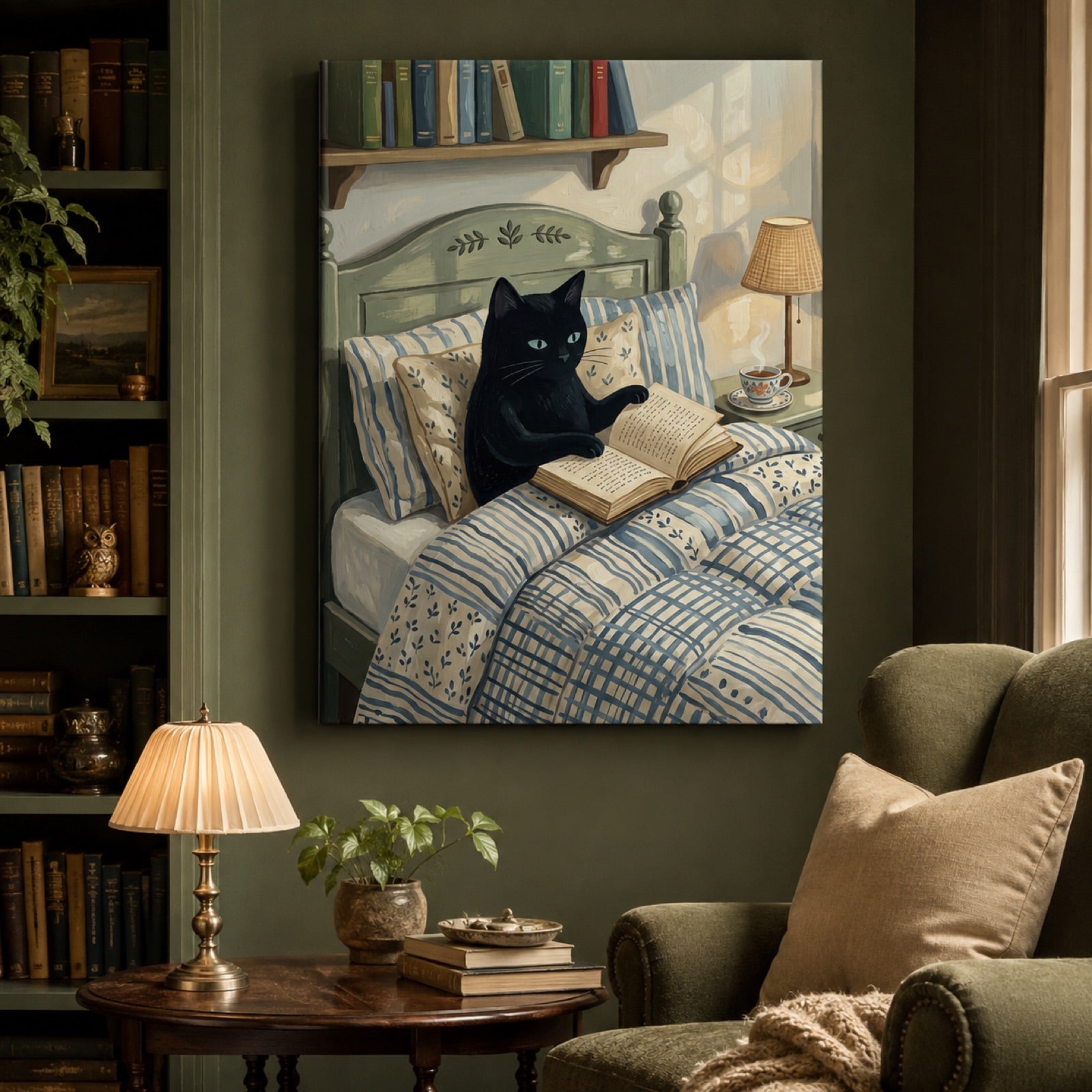 Black Cat Reading in Bed Cozy Wall Art Decor – preview 3