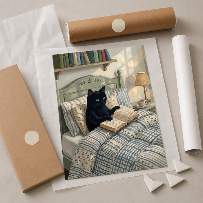 Black Cat Reading in Bed Cozy Wall Art Decor