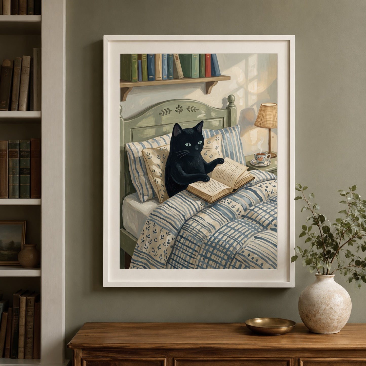 Black Cat Reading in Bed Cozy Wall Art Decor – preview 6