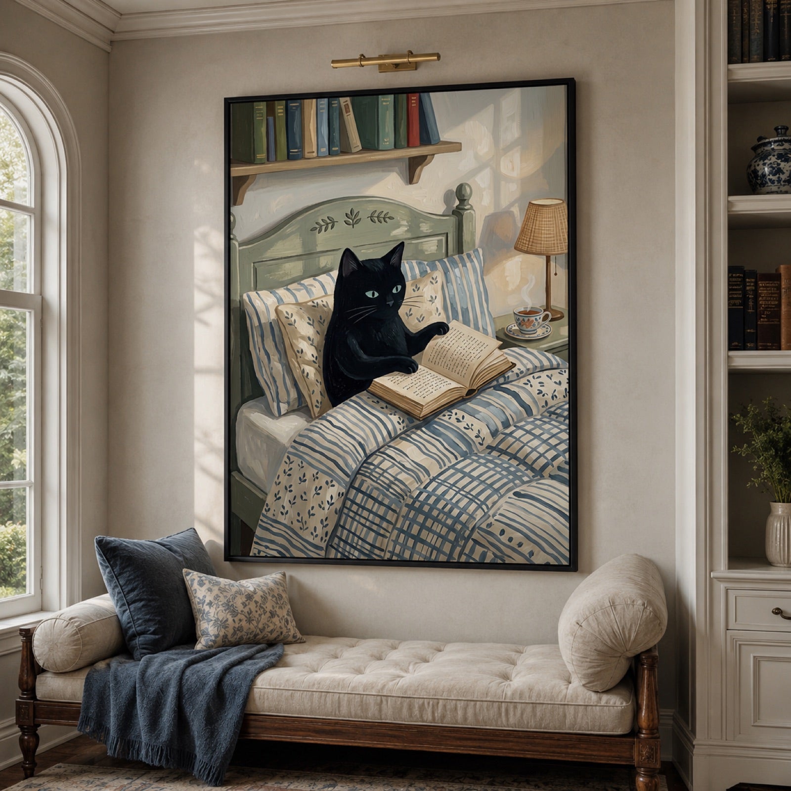 Black Cat Reading in Bed Cozy Wall Art Decor – preview 7