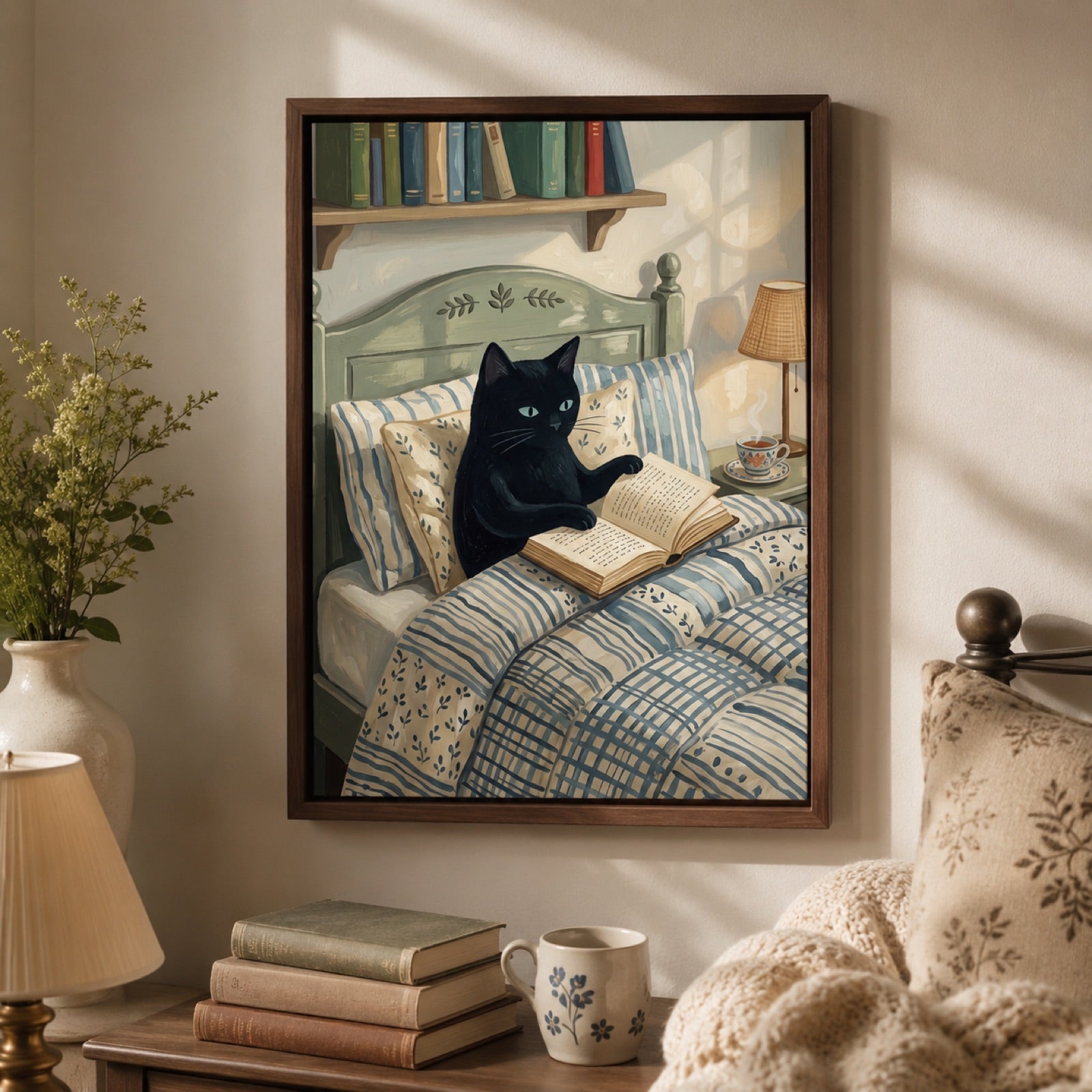 Black Cat Reading in Bed Cozy Wall Art Decor – preview 8