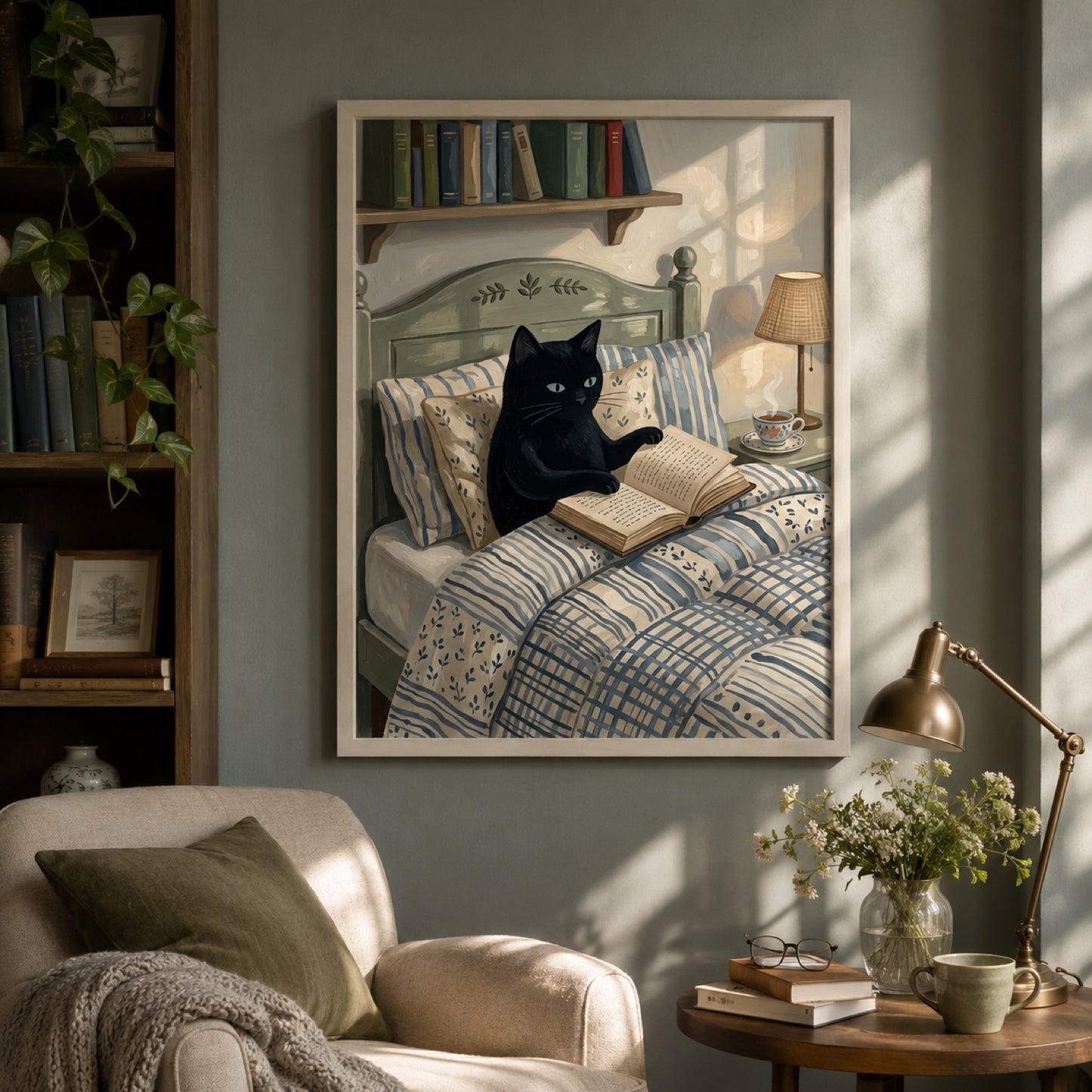 Black Cat Reading in Bed Cozy Wall Art Decor – preview 9