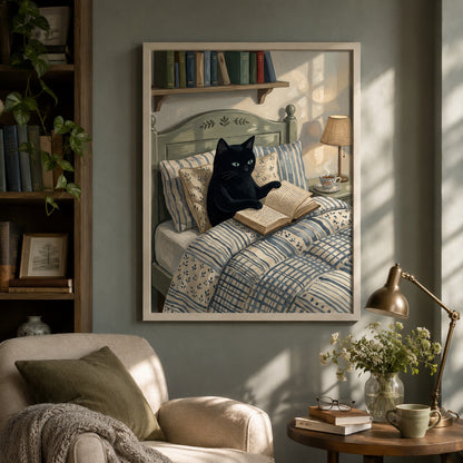 Black Cat Reading in Bed Cozy Wall Art Decor – preview 9