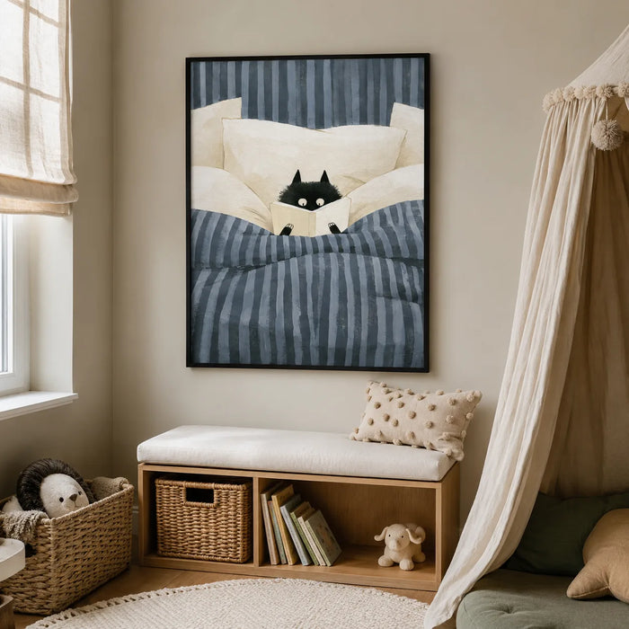 Black Cat Reading in Bed Wall Art Decor