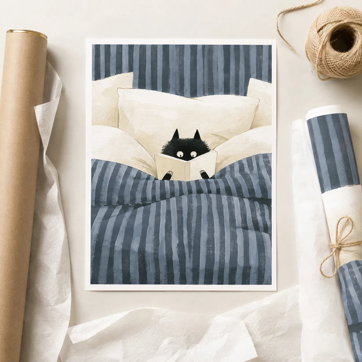Black Cat Reading in Bed Wall Art Decor - Wall Art Decor - back view