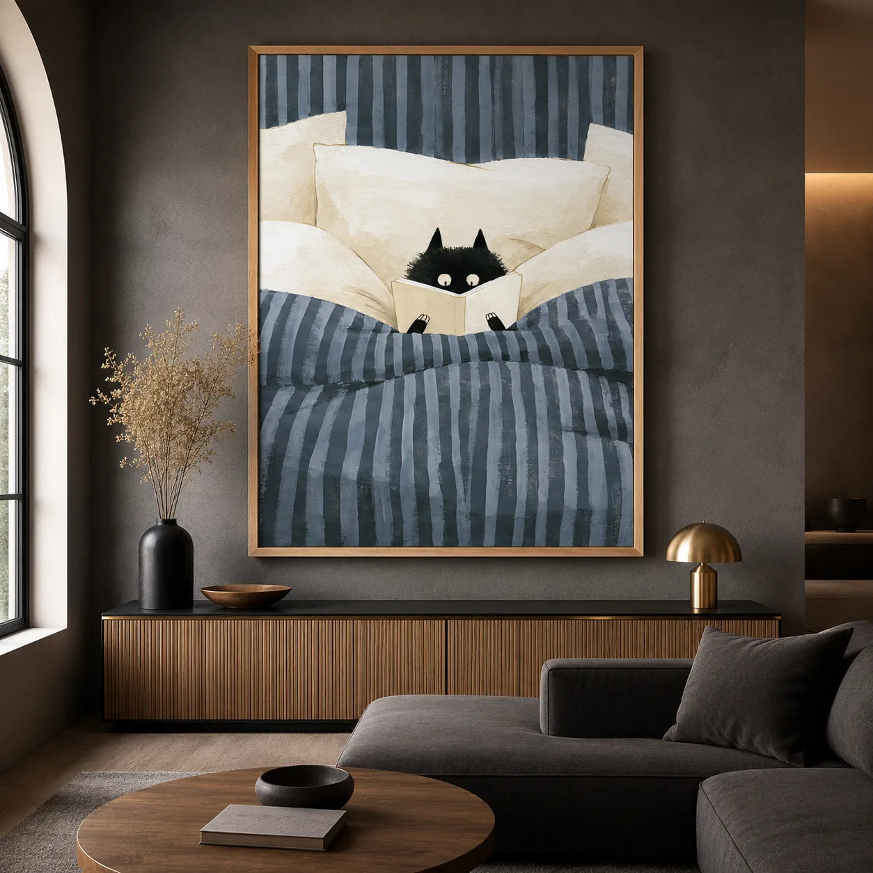 Black Cat Reading in Bed Wall Art Decor - Wall Art Decor - close up