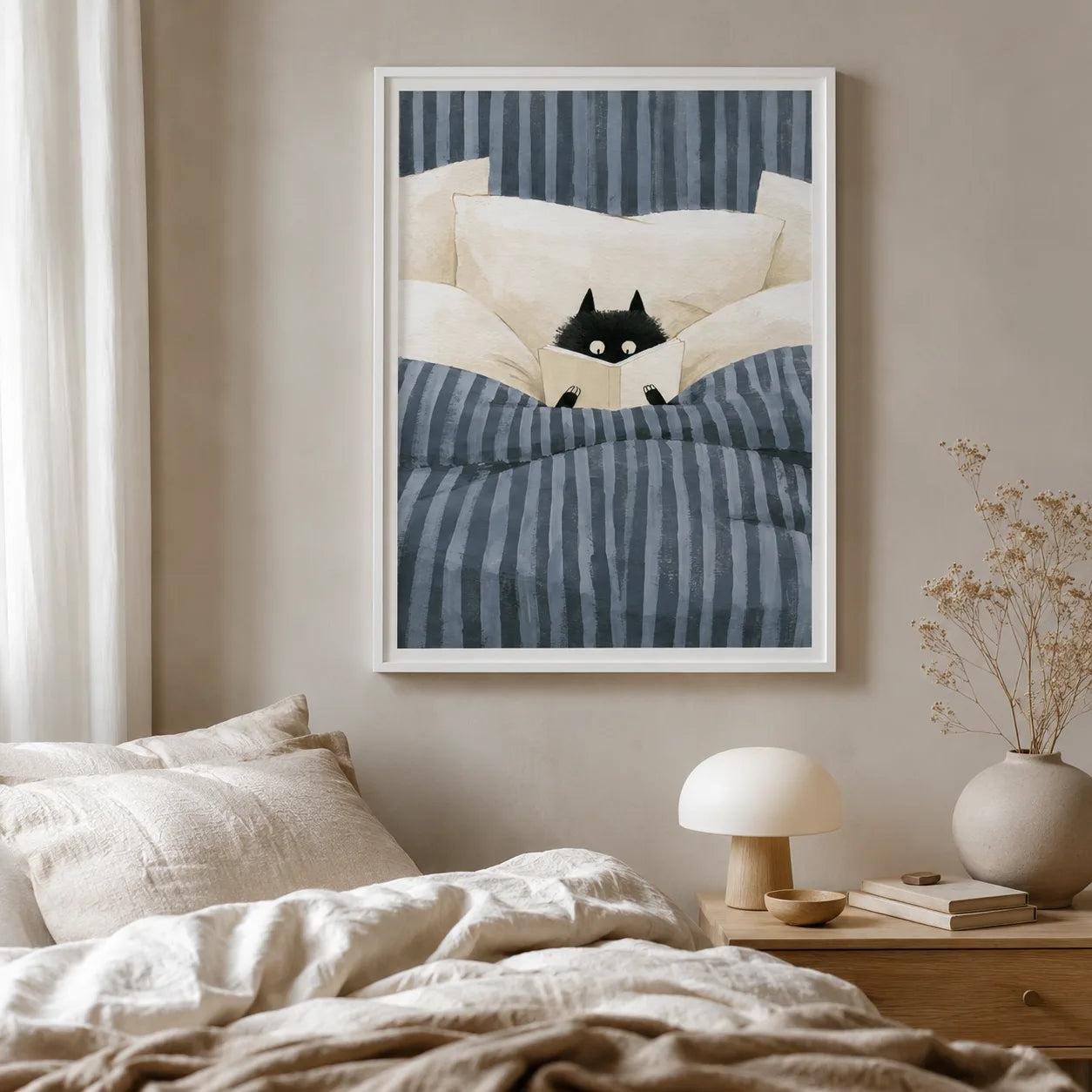 Black Cat Reading in Bed Wall Art Decor - Wall Art Decor - detail