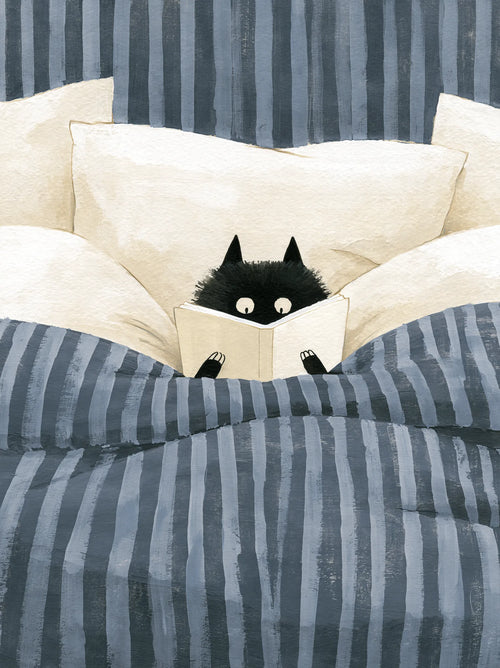 Black Cat Reading in Bed Wall Art Decor