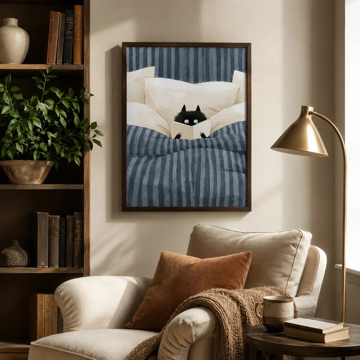 Black Cat Reading in Bed Wall Art Decor - Wall Art Decor - in use
