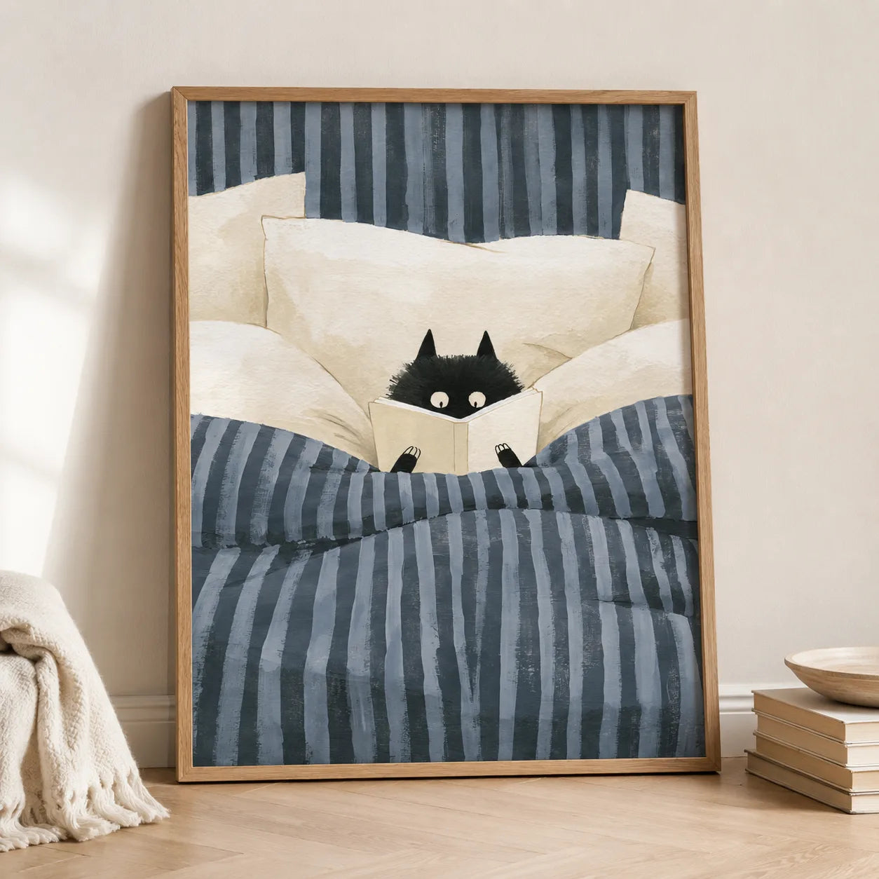 Black Cat Reading in Bed Wall Art Decor - Wall Art Decor - side view