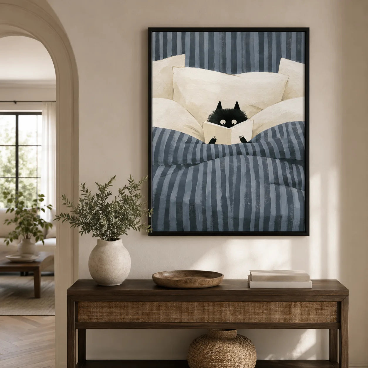 Black Cat Reading in Bed Wall Art Decor - Wall Art Decor - styled