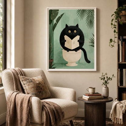Black Cat Reading on Toilet Wall Art Decor - Wall Art Decor - alternate angle