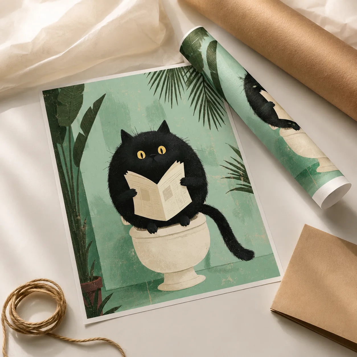 Black Cat Reading on Toilet Wall Art Decor - Wall Art Decor - back view