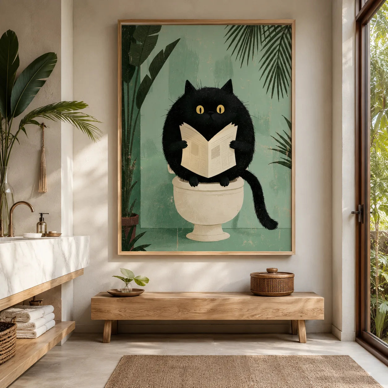 Black Cat Reading on Toilet Wall Art Decor - Wall Art Decor - close up