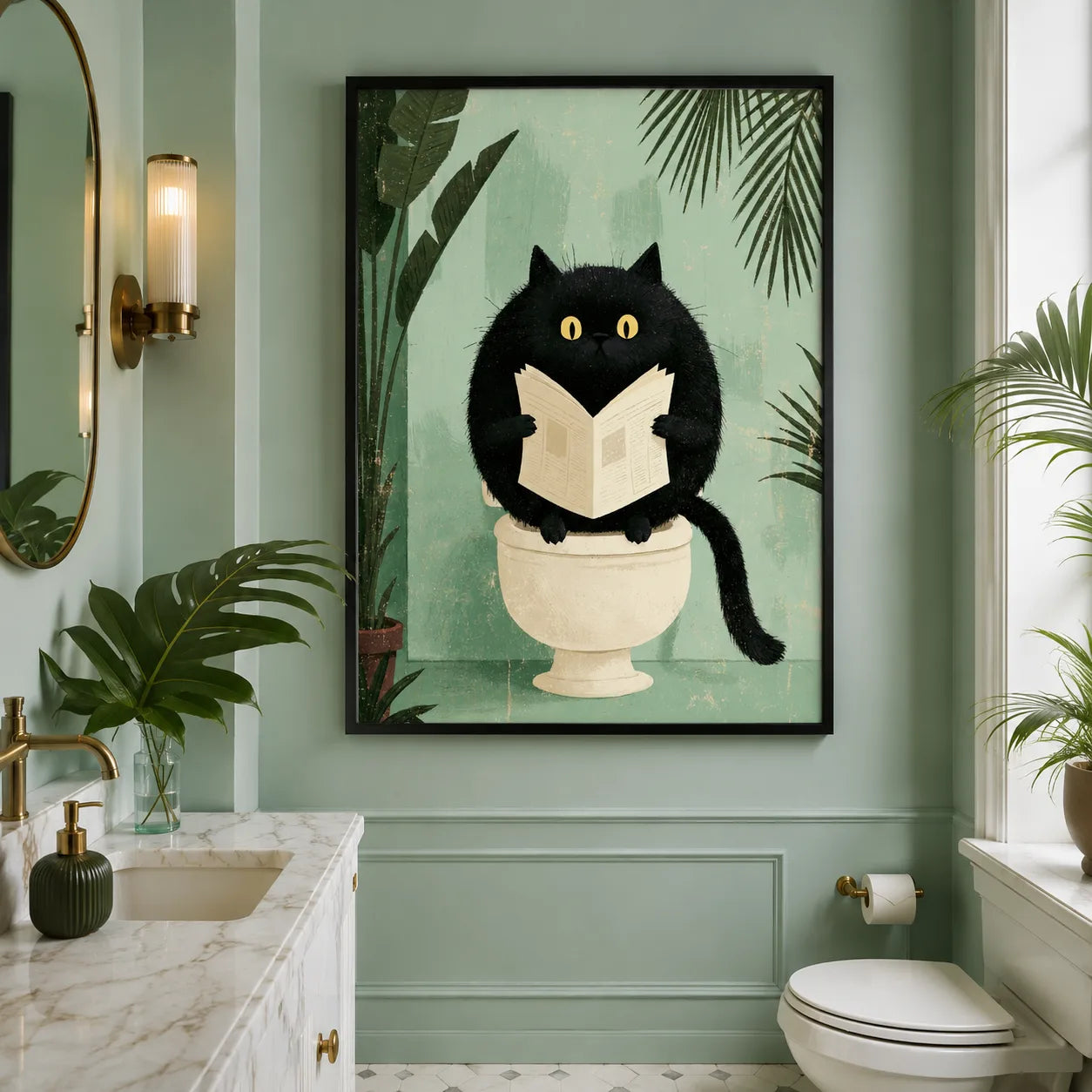 Black Cat Reading on Toilet Wall Art Decor - Wall Art Decor - detail
