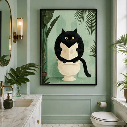 Black Cat Reading on Toilet Wall Art Decor - Wall Art Decor - detail