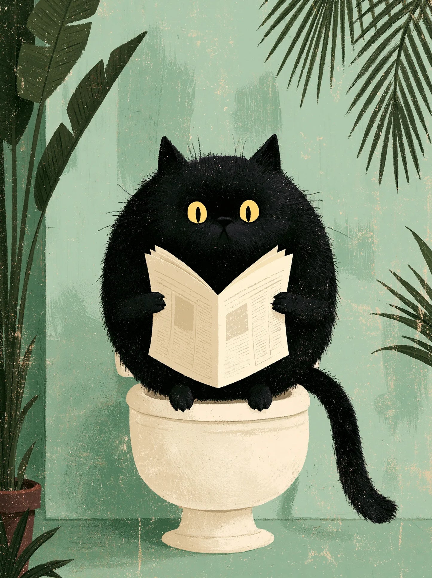 Black Cat Reading on Toilet Wall Art Decor - Wall Art Decor - front view