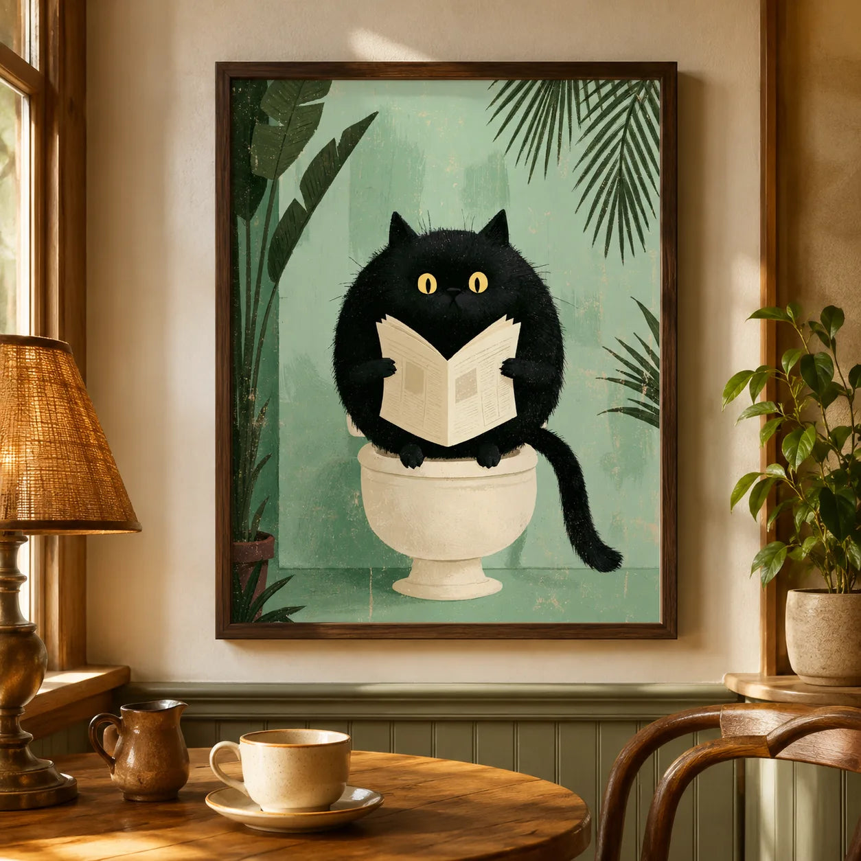 Black Cat Reading on Toilet Wall Art Decor - Wall Art Decor - in use