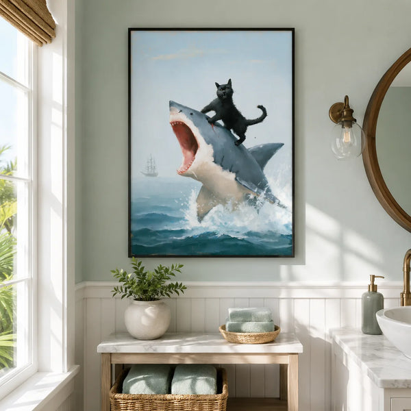 Black Cat Riding Shark Wall Art Decor