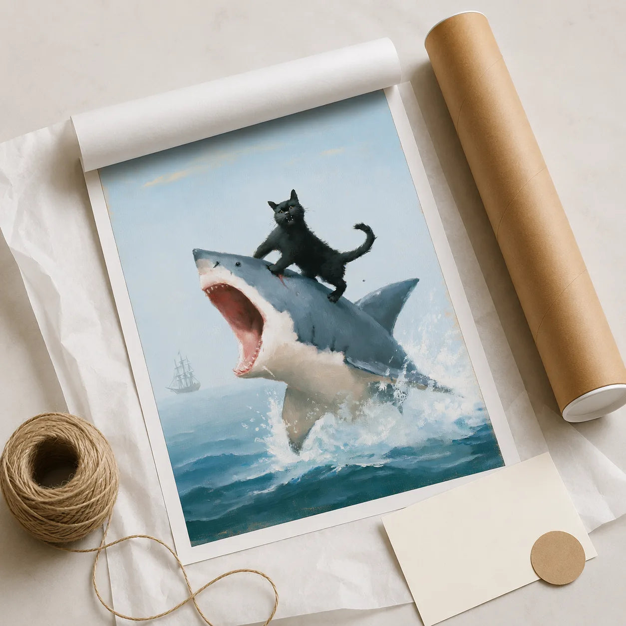 Black Cat Riding Shark Wall Art Decor - Wall Art Decor - back view