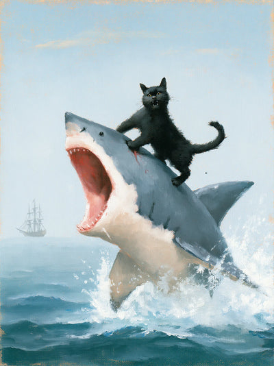 Black Cat Riding Shark Wall Art Decor